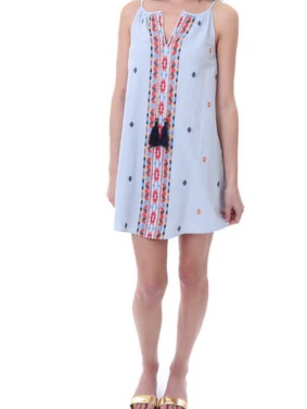 THML Embroidered Tassel Light Blue Boho Dress, Size Small